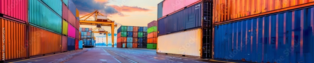Fototapeta premium Rows of colorful shipping containers at a cargo port, sunrise, industrial setting, stacked containers, vibrant colors