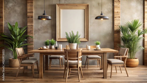 Wooden Frame Mockup – Rustic Dining Area: A natural wooden frame in a rustic dining area, complete with wooden table, chairs, and earthy decor elements. 