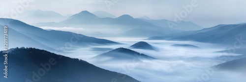 Layers of clouds weave between mountain peaks in a serene ethereal landscape.
