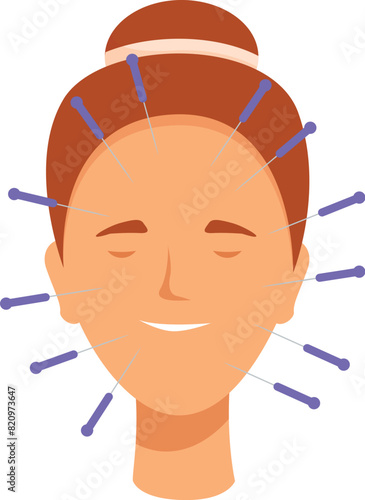 Illustration of a serene woman receiving acupuncture therapy for facial rejuvenation and relaxation in a traditional chinese holistic spa. Featuring noninvasive. Natural treatment