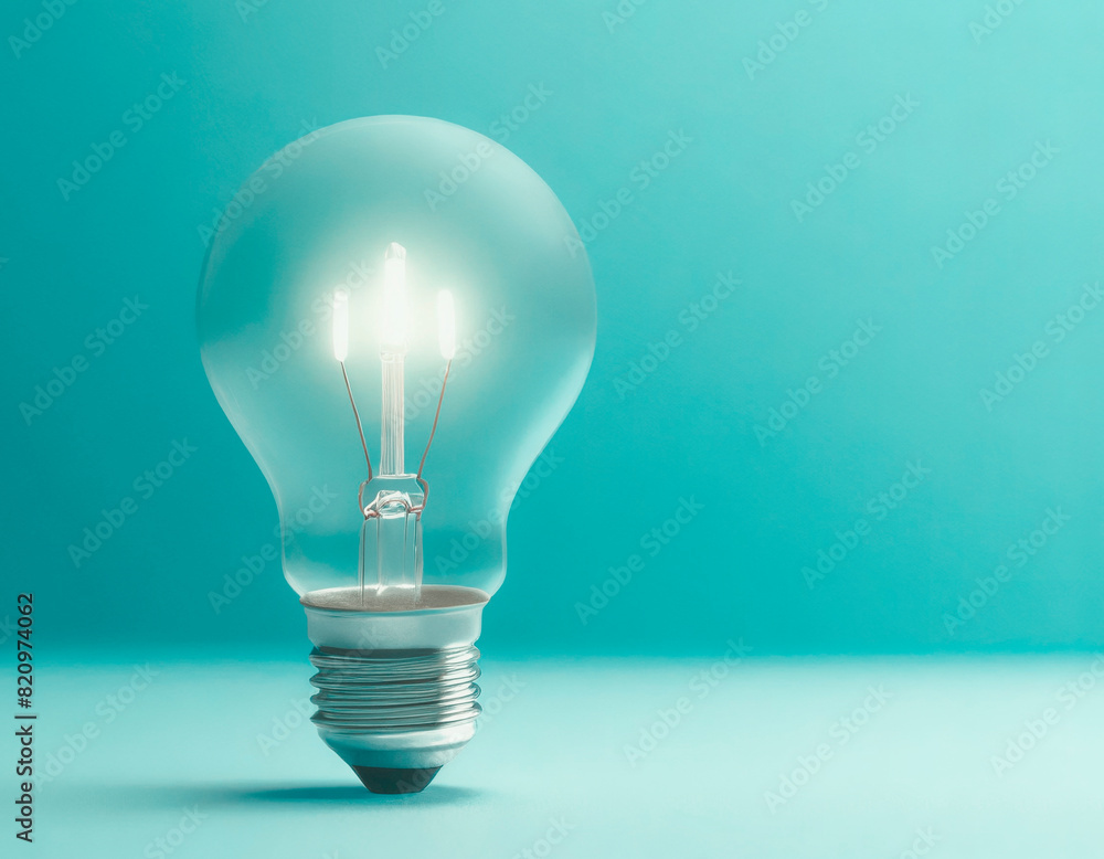 Light bulb lit, isolated on light blue Light bulb lit, isolated on light blue