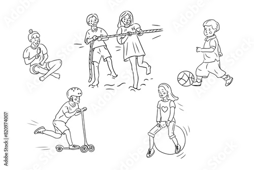 Happy Children doodles contour set. Childrens day concept. Monochrome outline sketchy drawing of playing happy kids on playground isolated on white background. Good for for coloring pages  stickers.