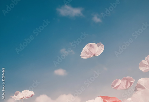beautiful flowers and petals flying in sky. peace concept