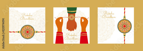 Indian holiday Raksha Bandhan or Rakhi.Bracelet, sister and brother.Set of square template for social media networks, story.Vector stock illustration.