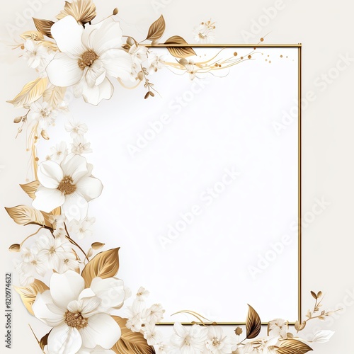 Elegant floral frame with white and gold flowers in a corner arrangement, perfect for invitations, greeting cards, and art projects.