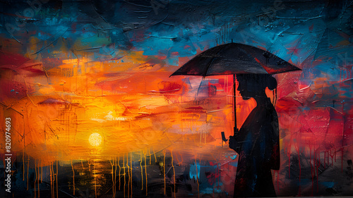 Woman with Umbrella,
Una pintura colorida con un paraguas negro en primer plano y la palabra 