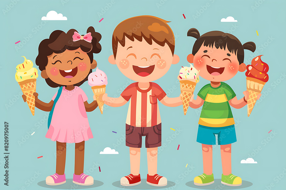 Happy children enjoying ice cream cones on a sunny day, capturing joyful summer moments. Happy children enjoying ice cream cones on a sunny day, capturing joyful summer moments.