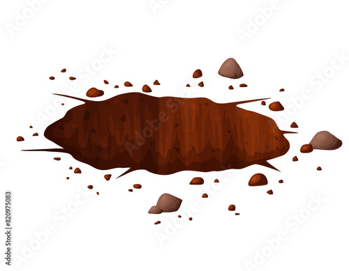 Deep hole in the ground with grass and stones. Brown soil, large cracks and ruins. Digging of sand coal waste rock. Detailed drawing in cartoon style. Vector illustration isolated on white background