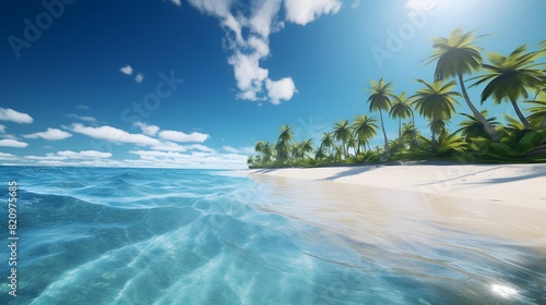 Beautiful seascape with palm trees and blue sky. Panorama