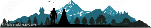 Vektor Silhouetten Landschaft Mittelalter - Fantasy Figuren in Berglandschaft in der Natur - Burgen, Türme und alte Städte - Sagen und Mythen - Mission