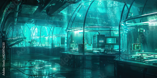 Aquamarine Underwater Research Station: Showing a research station located deep underwater, with aquamarine-tinted glass walls and advanced marine biology laboratories