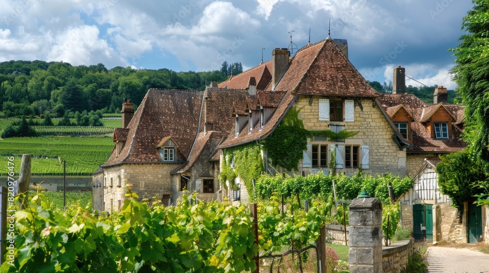 a vineyard in summer, with lush burgundy wine vines stretching across the hilly agricultural landscape near a winery along the wine road. a vineyard in summer, with lush burgundy wine vines stretching across the hilly agricultural landscape near a winery along the wine road.