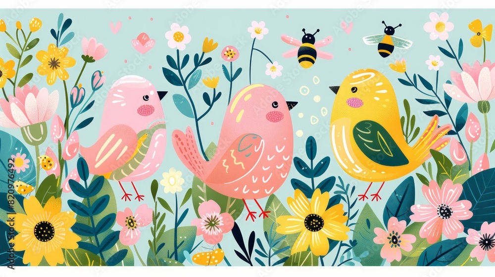 Obraz premium Playful illustration of springtime icons like bees, birds, flowers, and Easter eggs in a flat hand-drawn style.