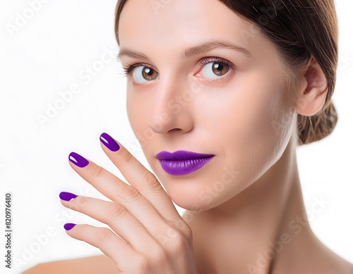 Portrait of a brown model with flawless skin, purple nails and lips. Concept manicure, beauty, spa, self-care.