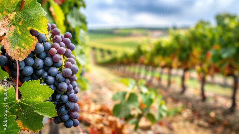 a vineyard in summer, with lush burgundy wine vines stretching across the hilly agricultural landscape near a winery along the wine road.