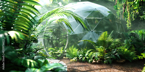 Bio-Dome Ecosphere: This dome-shaped enclosure showcases a self-sustaining ecosystem, with pearlescent walls and an abundance of vegetation. photo