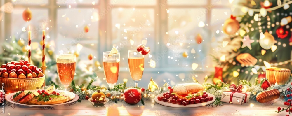 Naklejka premium A Christmas table with a variety of food and drinks, including a cake