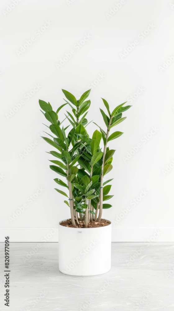 Lush green Zamioculcas plant thrives in elegant white pot