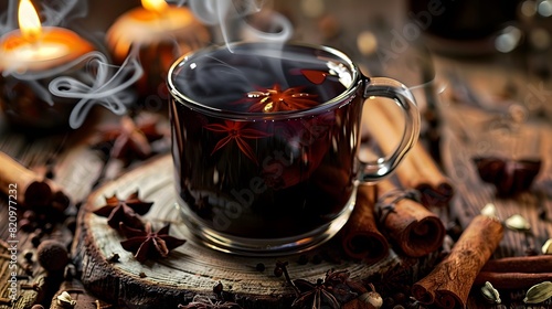 Quentão. A warm glass of mulled wine with cinnamon and citrus slices, creating a cozy holiday atmosphere with spices and decorations on a rustic wooden table.
