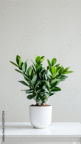 A Zamioculcas plant thrives in a serene setting, adding a touch of green to a minimalist white table