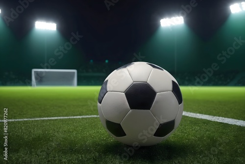 Soccer ball on an empty stadium illuminated by spotlights