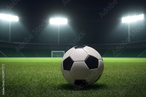 Soccer ball on an empty soccer field lit by spotlights