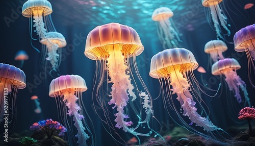 glowing jellyfish swiming in deep blue sea © Makayla