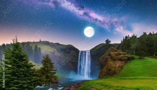 a painting of a waterfall in the middle of a forest under a night sky filled with stars and the moon