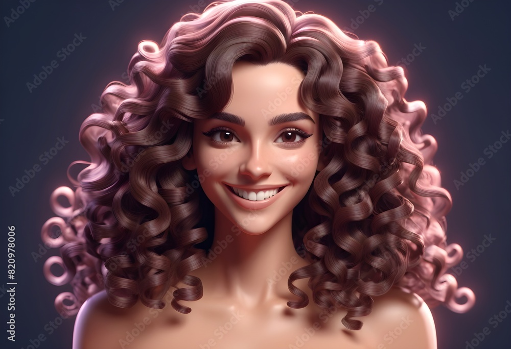 Fototapeta premium a cartoonistic 3d portrait of a smiling brunette model with long and curly hairs and glamorous makeup behind tranparent luxrious background