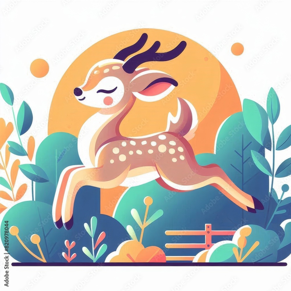 A deer is jumping over a fence in a lush green field A deer is jumping over a fence in a lush green field