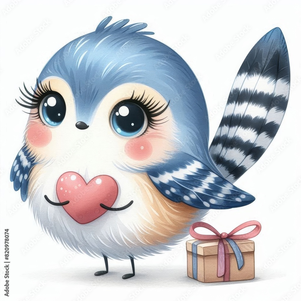 Fototapeta premium A cute blue and white bird holding a heart in its beak