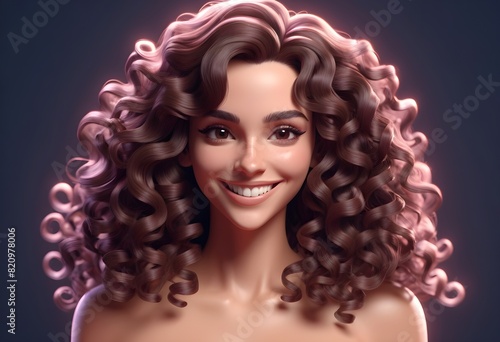 a cartoonistic 3d portrait of a smiling brunette model with long and curly hairs and glamorous makeup behind tranparent luxrious background