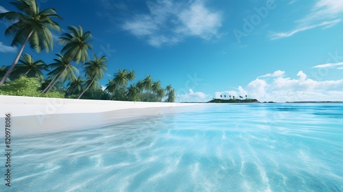 Panoramic view of a tropical island with palm trees and turquoise water
