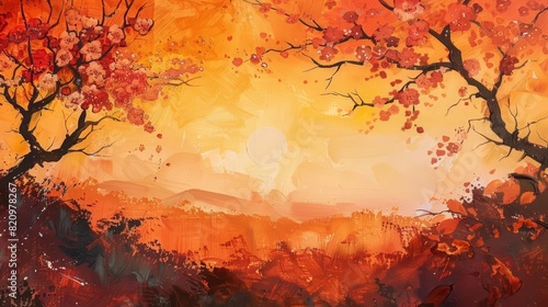 A dreamy landscape painted in oils showcases a sunset with hues of peach and strawberry, silhouetted by cherry and orange trees © Sweettymojidesign