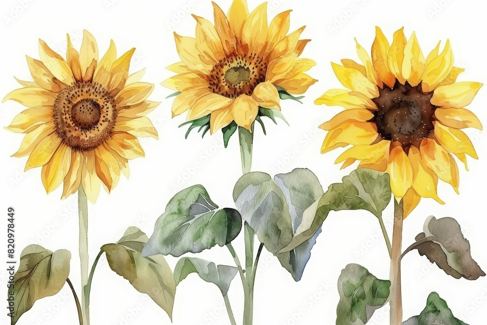 Obraz premium A set of watercolor of a sunflower, radiating joy and towering tall, Clipart isolated concept minimal with white background