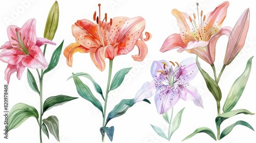 A set of watercolor of a lily  embodying purity and a soft  serene beauty  Clipart isolated white background