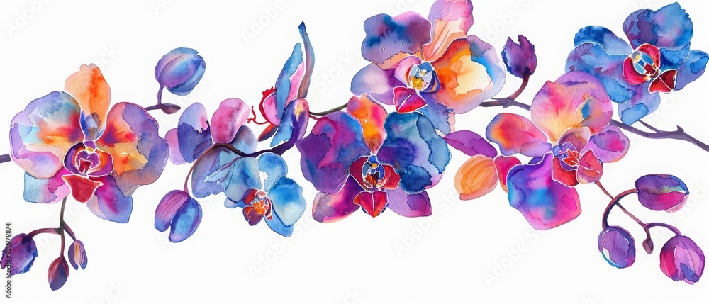 A set of watercolor of orchids, showcasing an array of vibrant colors and exotic allure, Clipart isolated with a white background