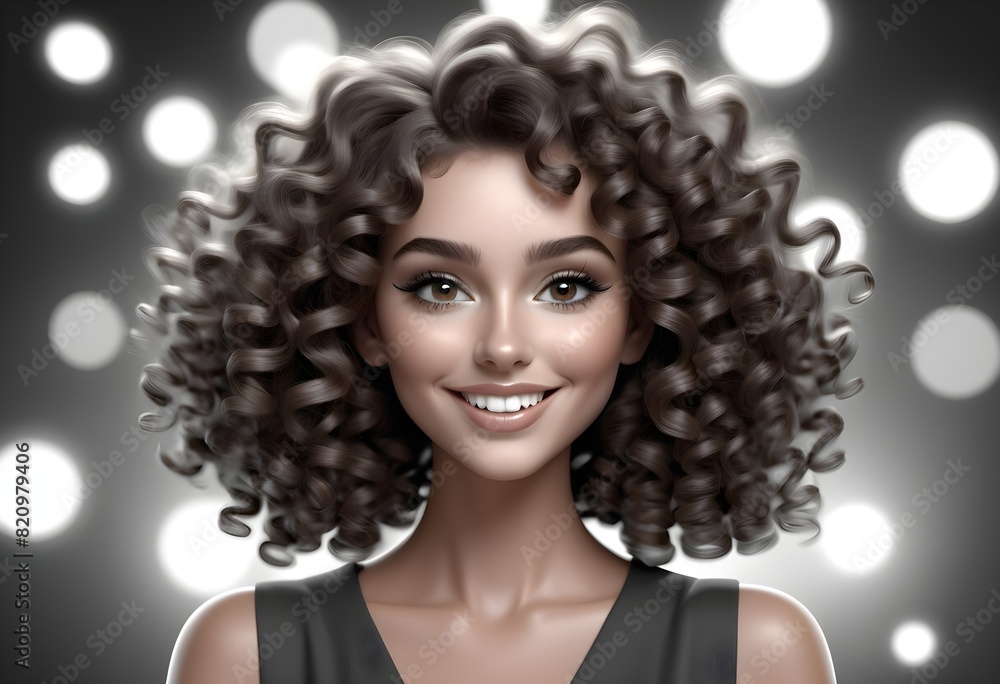 Fototapeta premium a cartoonistic 3d portrait of a smiling brunette model with long and curly hairs and glamorous makeup behind tranparent luxrious background