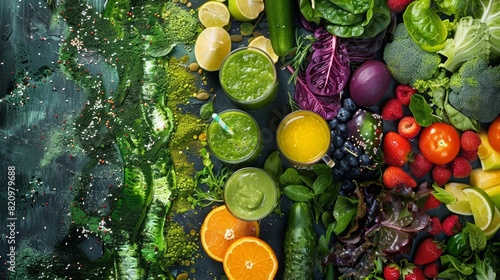 An artistic food collage featuring an assortment of salads and green smoothies, emphasizing the fresh and healthy aspects of a proper nutrition banner
