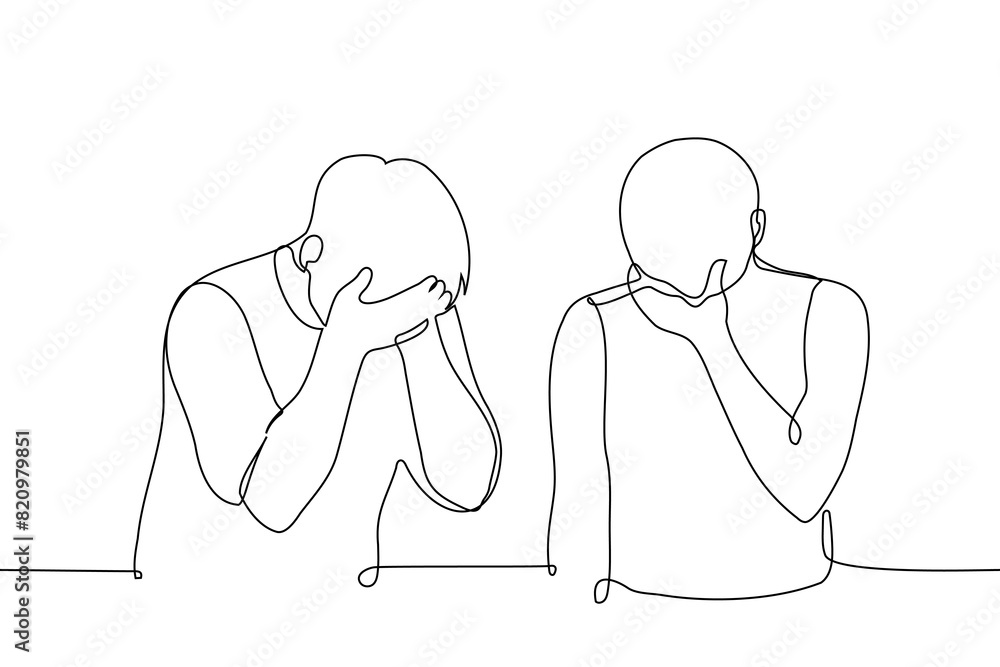 men standing nearby covered his face with his palms - one line art vector. concept of shame, cringe, sob and grieve men standing nearby covered his face with his palms - one line art vector. concept of shame, cringe, sob and grieve