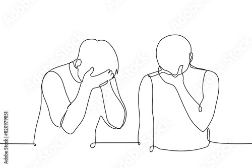  men standing nearby covered his face with his palms - one line art vector. concept of shame, cringe, sob and grieve