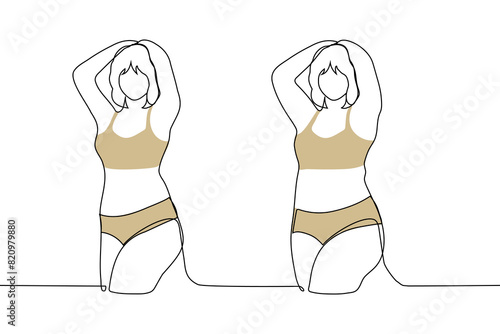 two body types of one woman in flesh-colored underwear. the woman stands with her arms above her head, she is slim and plus size. Body before and after concept