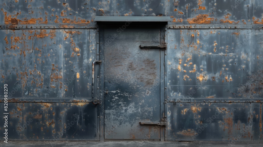 A door swings open in front of a weathered, rusty wall
