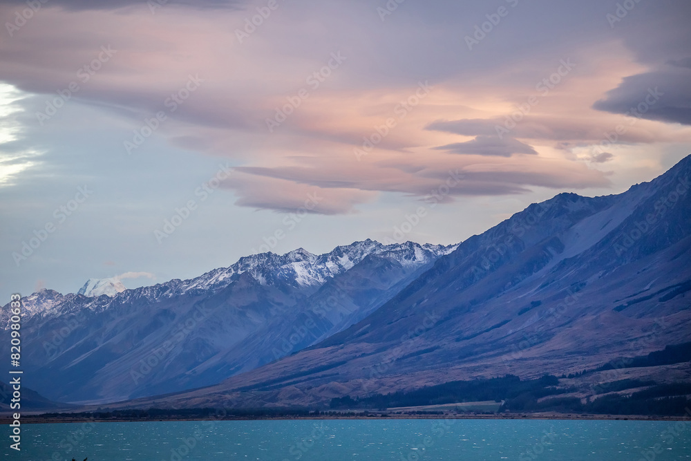 Beautiful lake landscape, mountain and reflection, scenic view, Lake Pukaki, New Zealand, South Island Beautiful lake landscape, mountain and reflection, scenic view, Lake Pukaki, New Zealand, South Island