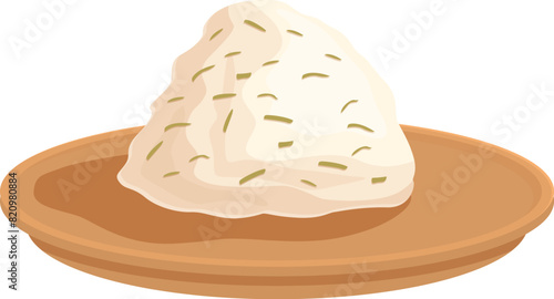 Illustration of homemade cottage cheese on a rustic clay dish, isolated on white