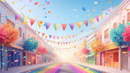 Vibrant city street decorated with rainbow flags and bunting, celebrating pride with confetti and rainbow crosswalks.