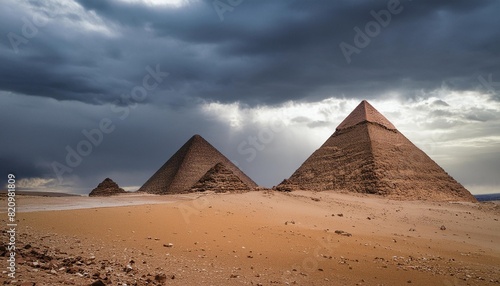 several pyramids stand tall in the vast desert landscape under a dark sky