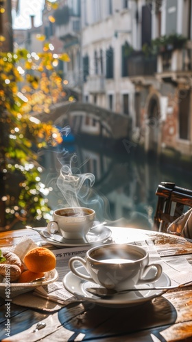 Two cups of coffee on a table with a view of a canal