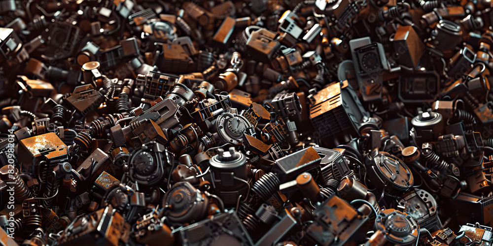 Gears of Bronze: A haunting junkyard of rusty, cybernetic debris spread across the landscape. The bronze hue casts an ominous shadow Gears of Bronze: A haunting junkyard of rusty, cybernetic debris spread across the landscape. The bronze hue casts an ominous shadow