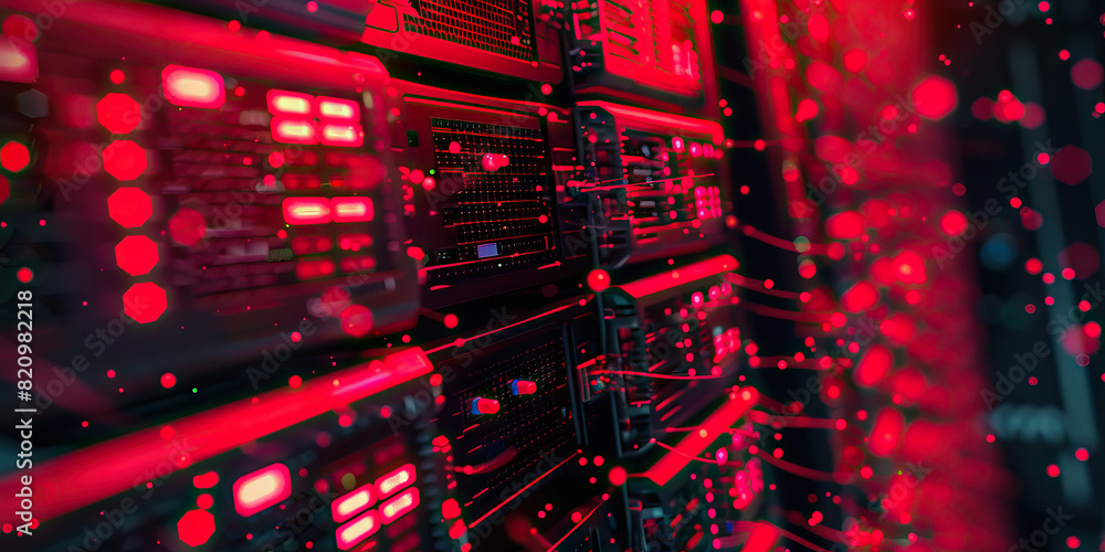 Obraz premium Crimson Digital Underground: Showing a hidden network of servers and data hubs used by hackers and cybercriminals, with crimson-red lighting and a clandestine atmosphere